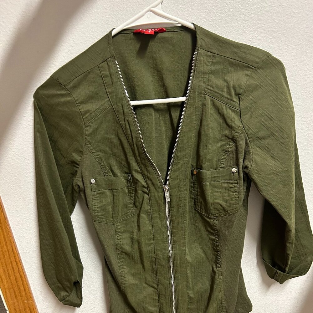 Guess Olive Green Zip-Up Blouse (Women Small)
